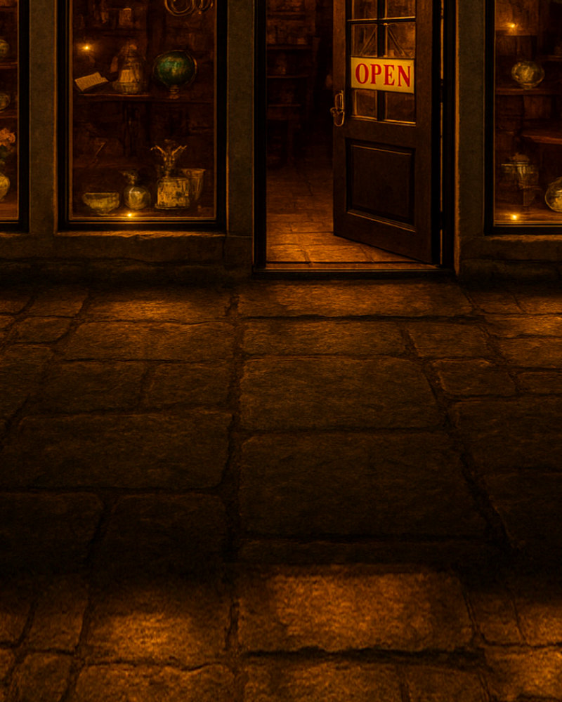 Warmly lit doorway inviting you into Courtyard Antiques