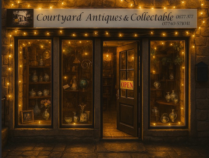Courtyard Antiques evening storefront with fairy lights
