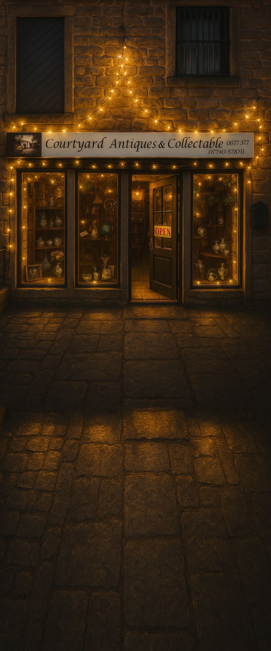 Fairy lights along the Courtyard Antiques façade